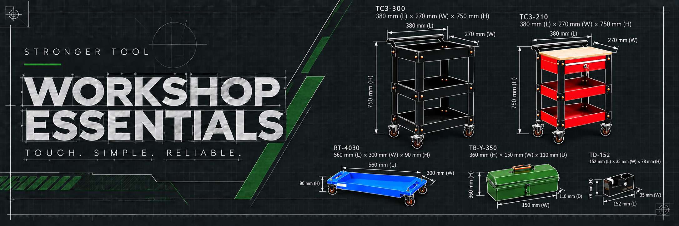 Stronger Tool workshop essentials overview with compact tool carts, a rolling tray, and toolboxes.